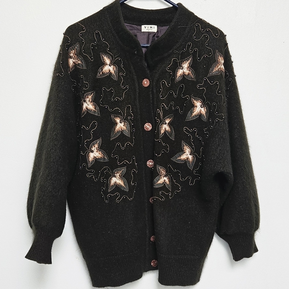 Vintage VIMI 100% Angora Wool Embroidered Dark Chocolate Sz L Lined  Cardigan